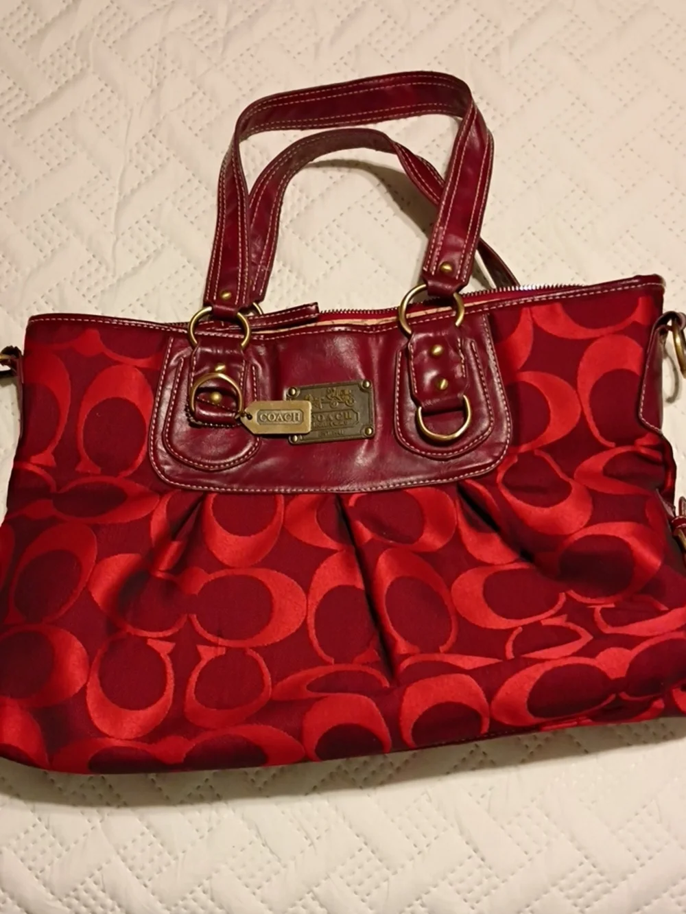 Coach Red Signature Jacquard Tote with Leather Trim